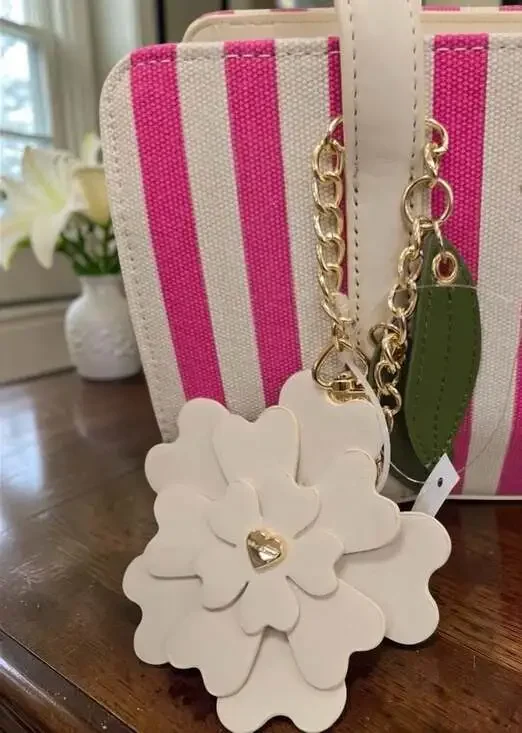 Betsey Johnson Pink and White Striped Canvas Satchel with Flower Charm - Picture 5 of 6